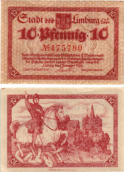 ЛИМБУРГ-НА-ЛАНЕ 10 ПФЕННИГОВ 1918 НОТГЕЛЬД, 1 НОЯБРЯ 1918, ЗЕМЛЯ ГЕССЕН Grabowski L45.2a бумага 8608-2-2-2