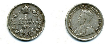 КАНАДА 5 ЦЕНТОВ 1919 ГЕОРГ V серебро 46-935