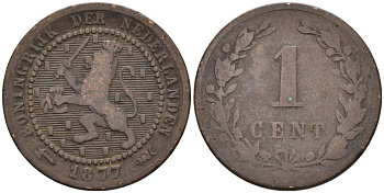 Нидерланды 1 цент 1877 Виллем III (1849-1890) KM 107 бронза 4576-521