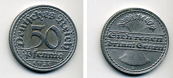 ГЕРМАНИЯ 50 ПФЕННИГОВ 1920 D KM 27, J. 301 алюминий 57-121