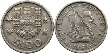Португалия 5 эскудо 1966 парусник KM 591 медно-никель 4175-412