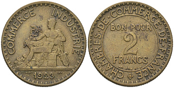 Франция 2 франка 1923 KM 877, Le Franc 267/5 медь алюминий 4582-223