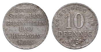 Бохум, Гельзенкирхен, Хаттинген 10 пфеннигов 1918 Funck 49.1, Men05 3022.1, Men18 3860.1 железо 4659-324