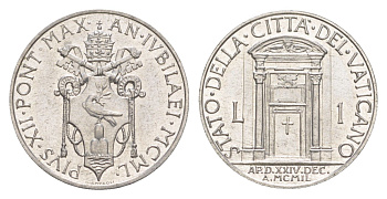 Ватикан 1 лира 1950 MCML, Пий XII KM 44 алюминий UNC 1529-1024