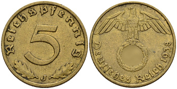 Германия 5 рейхспфеннигов 1938 J KM 91, J. 363 алюминиевая бронза 4151-858