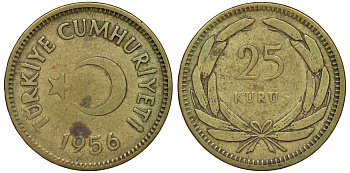 ТУРЦИЯ 25 КУРУШЕЙ 1956 KM 886 латунь 62-415