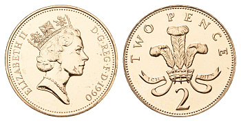 Великобритания 2 пенса 1990 Елизавета II (1952-2022) KM 936, Spink 4376 (C3) бронза BU 4691-646