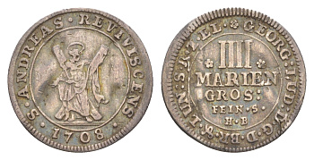 Брауншвейг-Каленберг-Ганновер 4 мариенгроша 1708 HB, Георг I (1698-1727), из коллекции Ричарда Б. Смита Welter 2193, KM 53 серебро 1525-632