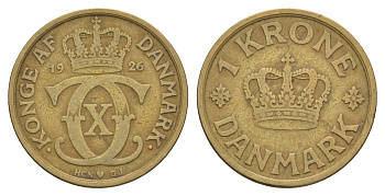 Дания 1 крона 1926 HCN, Кристиан X (1912-1947) KM 824 алюминиевая бронза 4657-342