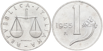 Италия 1 лира 1955 R, весы KM 91 алюминий  UNC  4594-744