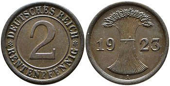 ГЕРМАНИЯ 2 РЕНТЕНПФЕННИГА 1923 А, ВЕЙМАРСКАЯ РЕСПУБЛИКА (1919-1933) KM 31, Jager 307, Weege 3 бронза 4546-751