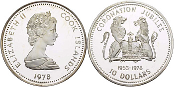 Острова Кука 10 долларов 1978 FM, 25 лет со дня коронации Елизаветы (1953-1978) KM 21 серебро PROOF 1085-7-31