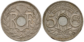 Франция 5 сантимов 1931 тип Линдайё KM 875, Le Franc 122.14 медно-никель 4602-159