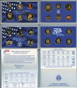 США официальный набор из 10 монет, в 2 пластиковых сетах 2004 годовой набор и юбилейные монет 25 центов, в оригинальной коробке, сертификат KM PS 212   PROOF  8-2-04-32