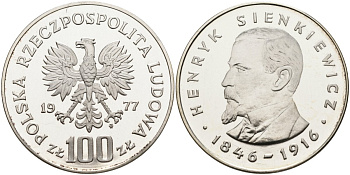 Польша 100 злотых 1977 MW, Генрик Сенкевич (1846-1916) KM 88, Parchimowicz 277 серебро PROOF 05-141-11