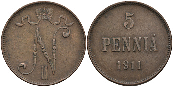 Россия для Финляндии 5 пенни 1911 Николай II (1894-1917) KM 15, Биткин 451 медь 85-323
