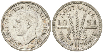 Австралия 3 пенса 1951 PL, Георг V (1936-1952) KM 44 серебро 4621-1221