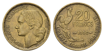 Франция 20 франков 1950 KM 916.1, Le Franc 401.2 алюминиевая бронза 4118-637