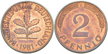 ФРГ 2 ПФЕННИГА 1981 F KM 106а, J. 381а сталь плакированная сталь плакированная медьюю 4181-841