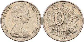 Австралия 10 центов 1982 Елизавета II (1952-), птица лирахвост KM 65 медно-никель 4566-531