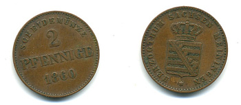 САКСЕН-МАЙНИНГЕН 2 ПФЕННИГА 1860 KM 171 медь 54-921