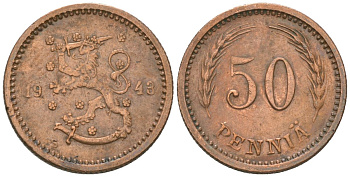 Финляндия 50 пенни 1943 S KM 26a медь 4174-1057