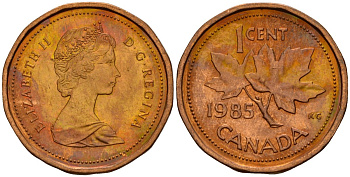 Канада 1 цент 1985 Елизавета II (1952-2022), кленовый лист KM 132 бронза 4189-911