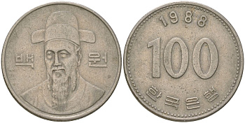 Южная Корея 100 вон 1988 Ли-Сунсин, корейский флотоводец KM 35.2 медно-никель 4187-832