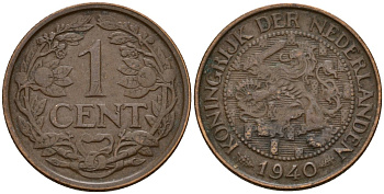 Нидерланды 1 цент 1940 Вильгельмина (1890-1948) KM 152 бронза 4169-1245