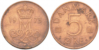 Дания 5 эре 1973 S; B, Маргрете II (1972- ) KM 859.1 железо плакированное медью 3309-121