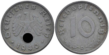 ГЕРМАНИЯ 10 РЕЙХСПФЕННИГОВ 1940 D KM 101, J. 371 цинк 4401-831