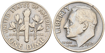 США 10 центов (дайм) 1967 Рузвельт KM 195a медь плакированная медно-никелем 188-414