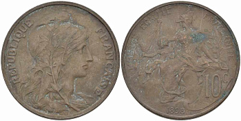ФРАНЦИЯ 10 САНТИМОВ 1898 ТИП ДАНИЭЛЬ ДЮПЮИ KM 843, LA FRANC 136.6 бронза 109-122