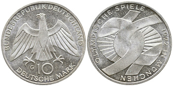 ФРГ 10 марок 1972 G, XX летние Олимпийские игры 1972 года в Мюнхене, символика KM 131, J.402 серебро UNC 443-343