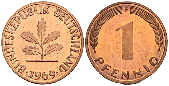 ФРГ 1 пфенниг 1969 F KM 105, J.380 сталь плакированная медью PROOF 1094-7-61