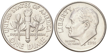 США 10 центов (дайм) 2001 P, Рузвельт KM 195a медь плакированная медно-никелем UNC 4613-826