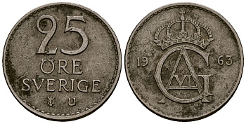 Швеция 25 эре 1963 Густав VI Адольф (1950-1973) KM 836 медно-никель 4173-743