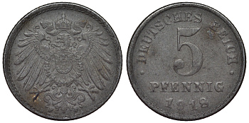 Германия 5 пфеннигов 1918 F KM 19, J. 297, Weege 5 железо 4118-1135