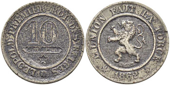 БЕЛЬГИЯ 10 САНТИМОВ 1862 BELGES, ЛЕОПОЛЬД III (1934-1950) KM 22 медно-никель 119-326