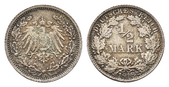 Германия 1/2 марки 1918 F KM 14, J. 17 серебро 4164-953