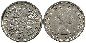Великобритания 6 пенсов 1961 Елизавета II (1952-2022) KM 903, Spink 4149 медно-никель 4364-3642