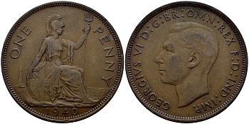 Великобритания 1 пенни 1940 Георг VI (1936-1952) KM 845, Spink 4114 бронза 4364-4213