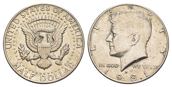 США 1/2 доллара (50 центов) 1981 D, Джон Кеннеди KM A202b медь плакированная медно-никелем aUNC 4367-132