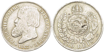Бразилия 200 рейс 1867 Педро II (1831-1889) KM 471 серебро    4528-146