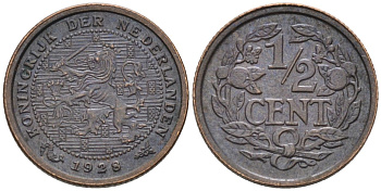 Нидерланды 1/2 цента 1928 Вильгельмина (1890-1948) KM 138 бронза 4576-512