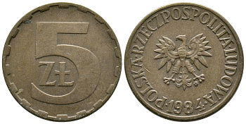 Польша 5 злотых 1984 MW KM 81.1, Parchimowicz 221i латунь 4610-936