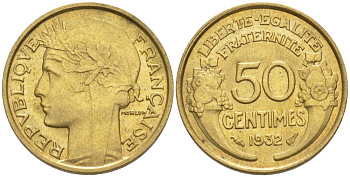 ФРАНЦИЯ 50 САНТИМОВ 1932 ТИП MORLON, OPEN 9, С ЯГОДОЙ KM 894.1, LE FRANC 192.7 алюминиевая бронза 44-729