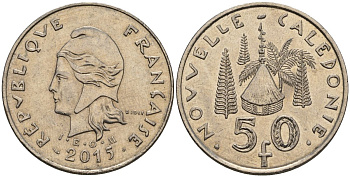 Французская Новая Каледония 50 франков 2015 хижина среди сосен и пальм, (IEOM) KM 13a, Schoen 15a, Lec 128i медно-никель 4111-1241