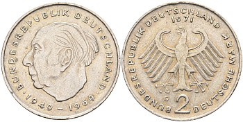 ФРГ 2 марки 1971 C , Теодор Хойс, 20 лет Федеративной Республике (1949-1969) KM A127, J. 407 медно-никель плакированный никелем 4139-136