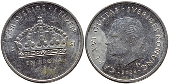 Швеция 1 крона 2008 Карл XVI Густав (1973- ) KM 894 медно-никель 87-716